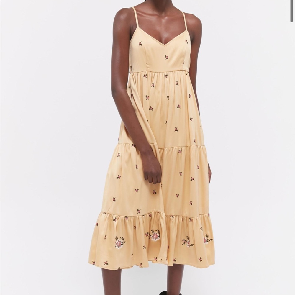 UO Cannes Embroidered Tiered Midi Dress in Light Yellow